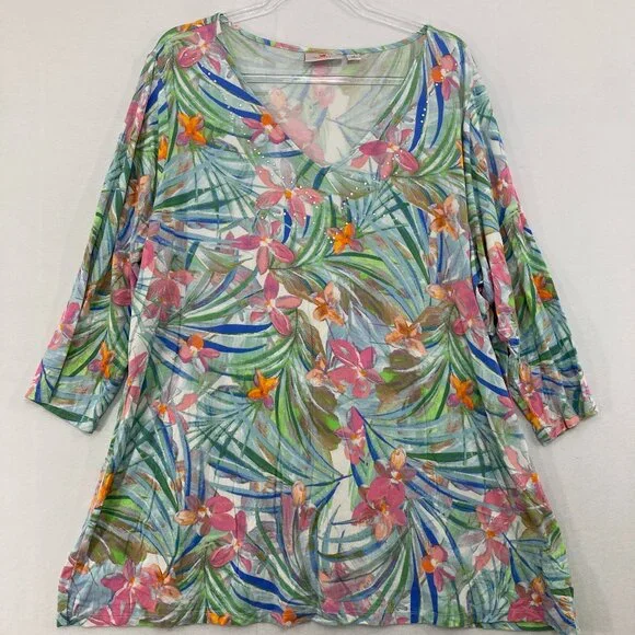 Quacker Factory Top size 2X Pink Blue Floral V Neck Stretch 3/4 Sleeve Casual - Picture 1 of 8